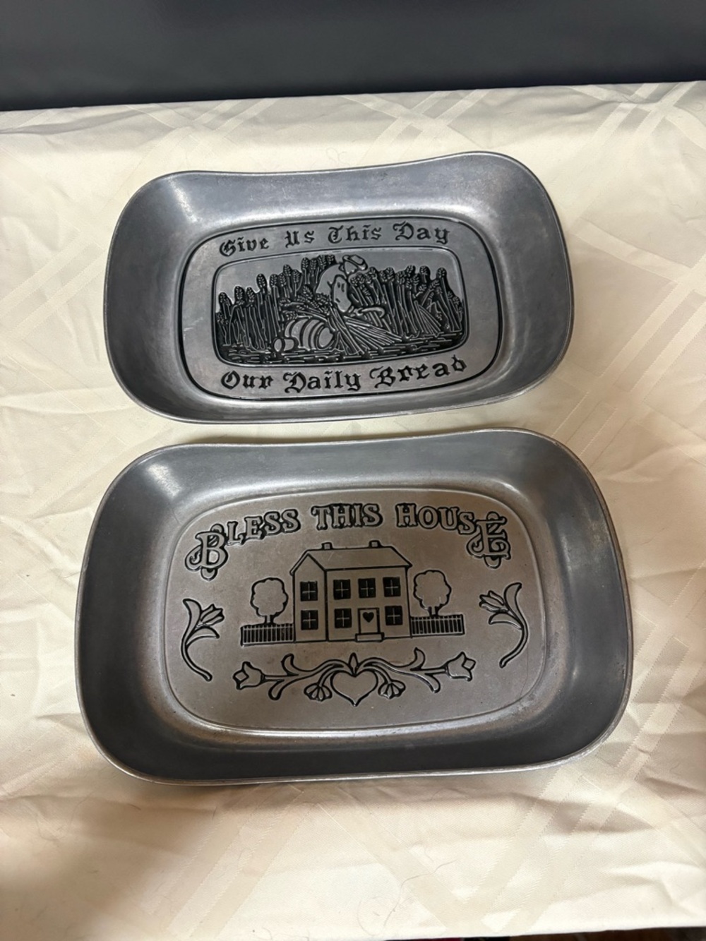 Pewter-Tone Decorative Trays Set - "Bless This House" & "Our Daily Bread"